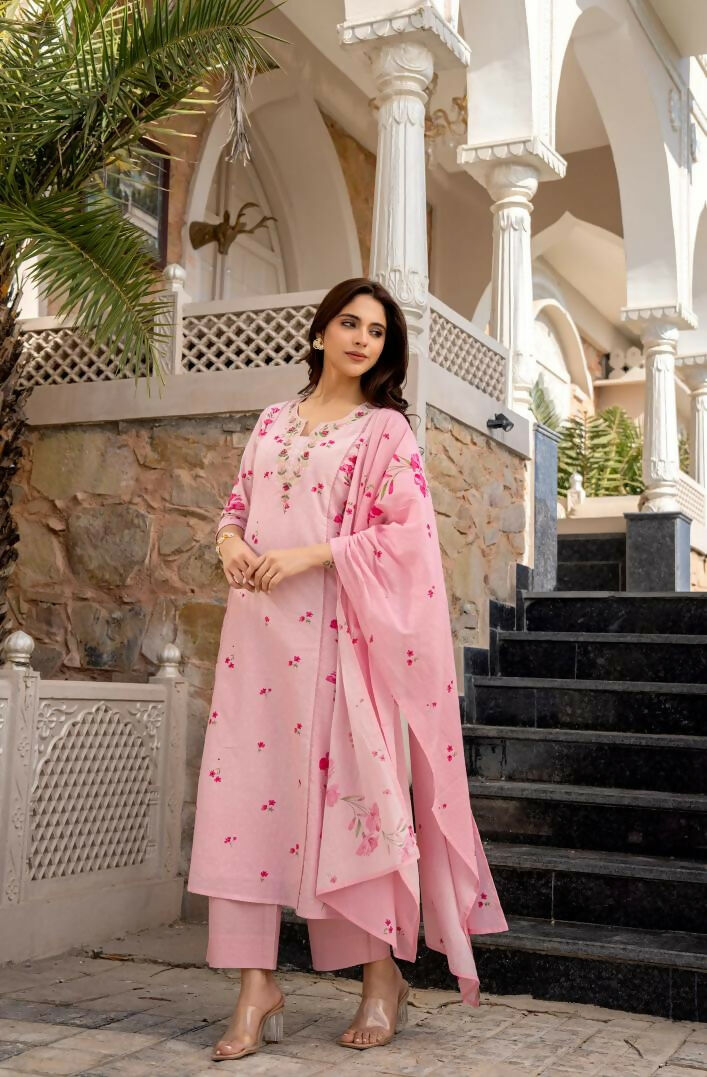 The52 Pink Women's Beautiful Chanderi Fabric Printed Work Straight Kurta Pant and Dupatta Set - Swadesiicart