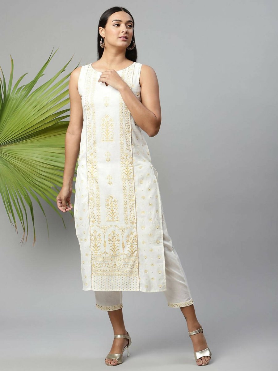 Ahalyaa Womens Off White Pure Cotton Printed Kurta Pant Set | Swadesiicart