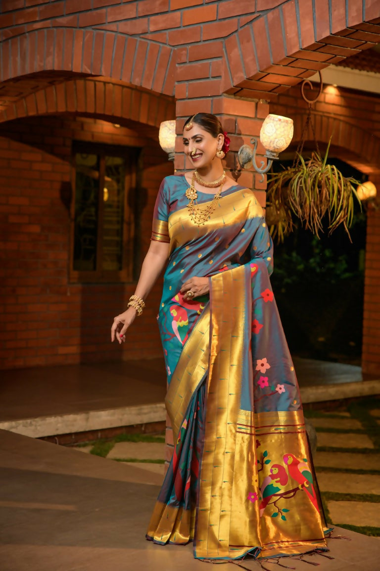 Jyoti Fashion Women's Teal Paithani Silk Zari Woven Saree with Blouse | Swadesiicart