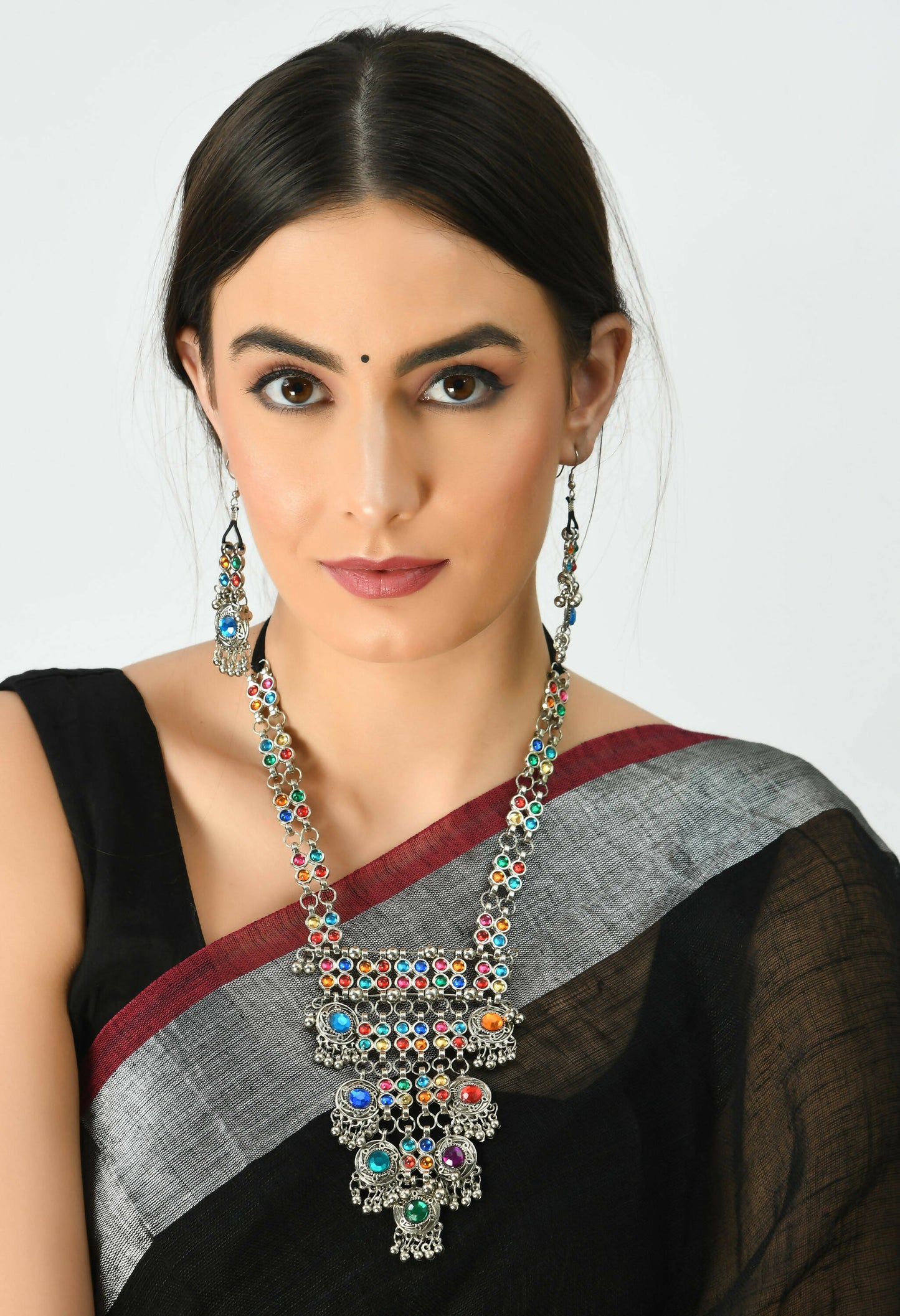 Mominos Fashion Johar Kamal Oxidised Silver-Plated Brass Finish Multi Kundan Afghani Long Necklace For Women | Swadesiicart