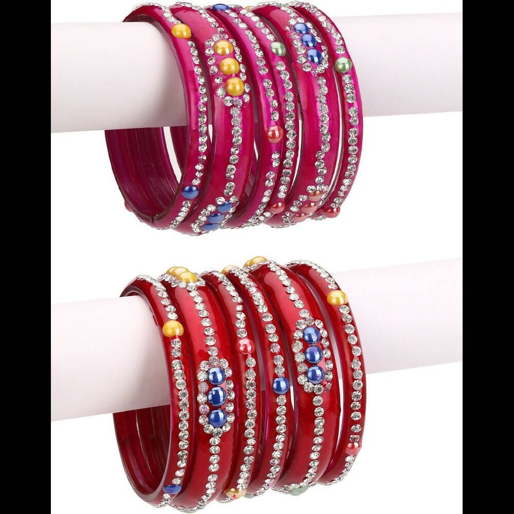 Afast Bridal Wedding & Party Fashionable Colorful Glass Bangle/Kada Set, Pack Of 12 - Red, Pink - Afast Enterprises
