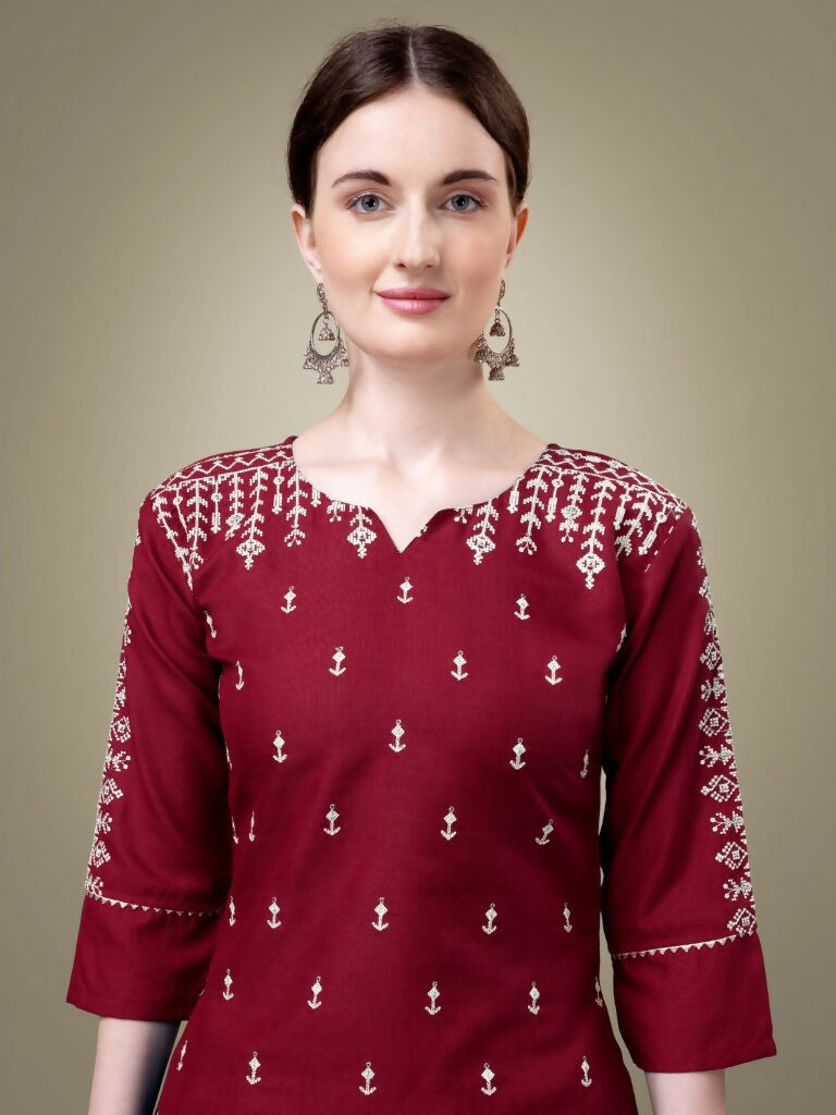 Jyoti Fashion Women's Maroon Cotton Blend Embroidery & Sequence work Kurta with Trouser & Dupatta | Swadesiicart
