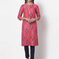 Myshka Women's Pink Printed 3/4 Sleeve Rayon Round Neck Casual Kurta
