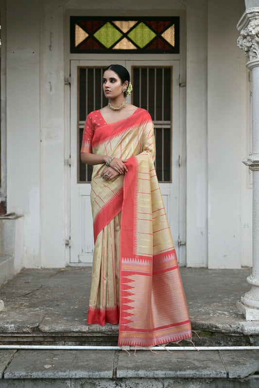 Vishnu Weaves Women's Chiku Raw Silk Saree with Blouse - Swadesiicart
