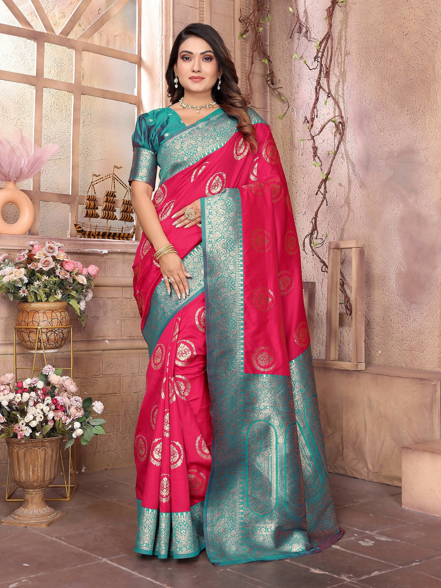 Joban Fashion Hot Pink Banarasi Soft Silk Woven Saree | Swadesiicart