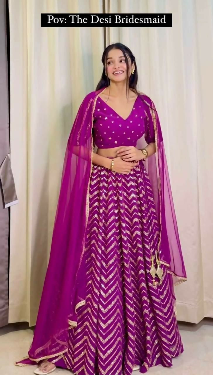 Jyoti Fashion Women's Wine Faux Georgette Sequins with Thread Embroidered Designer Lehenga Choli Set | Swadesiicart