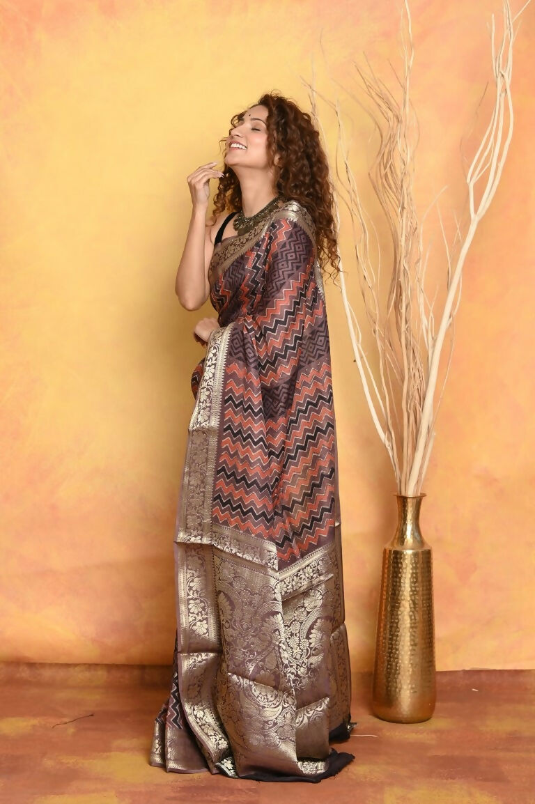 Very Much Indian Modal Silk Ajrakh Handblock Printed Natural Dyes With Designer Border Saree - Brown | Swadesiicart
