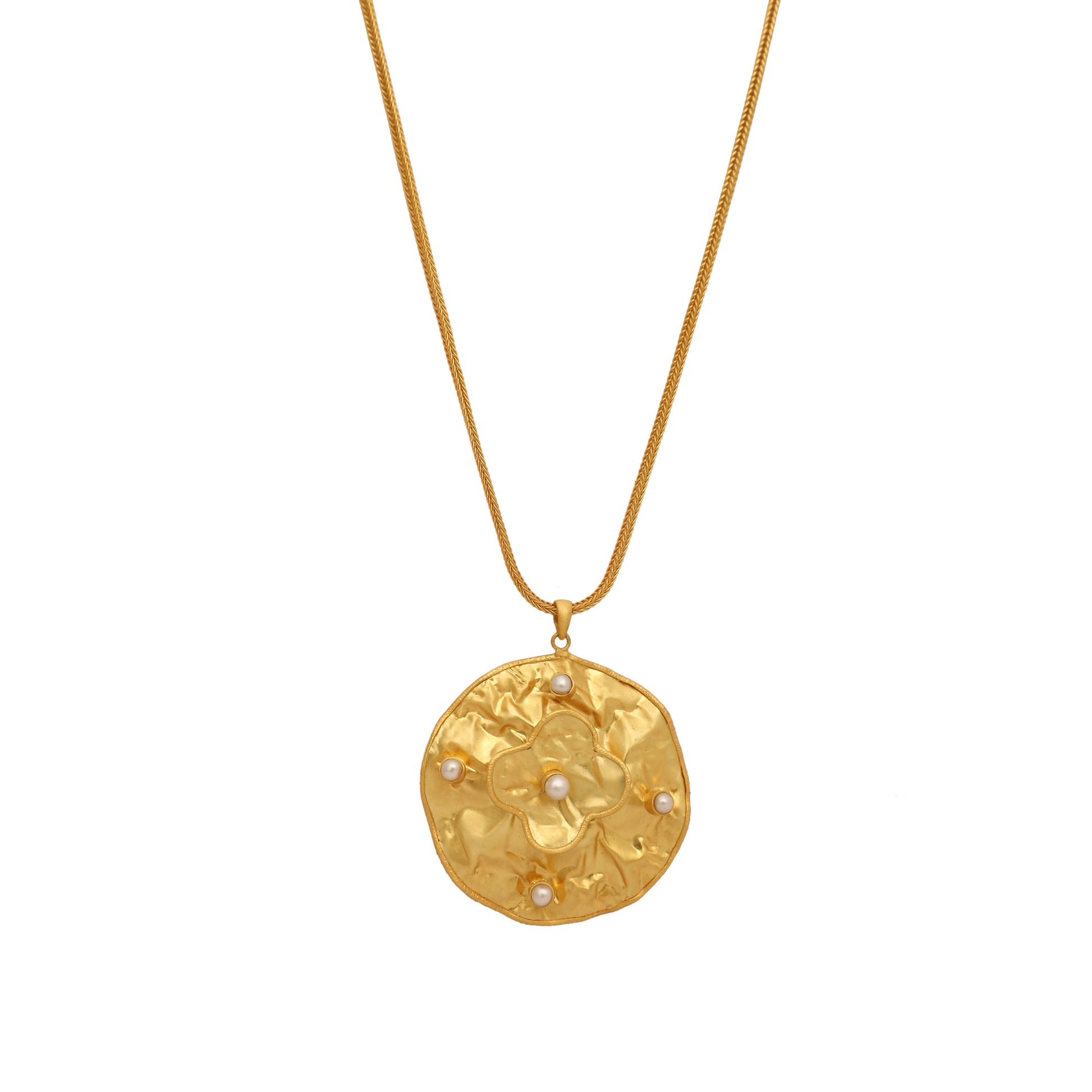 Nuyug 18K Gold-Plated Pearl Embellished Minimal Chain Textured Surface Floral Pendant Necklace | Swadesiicart
