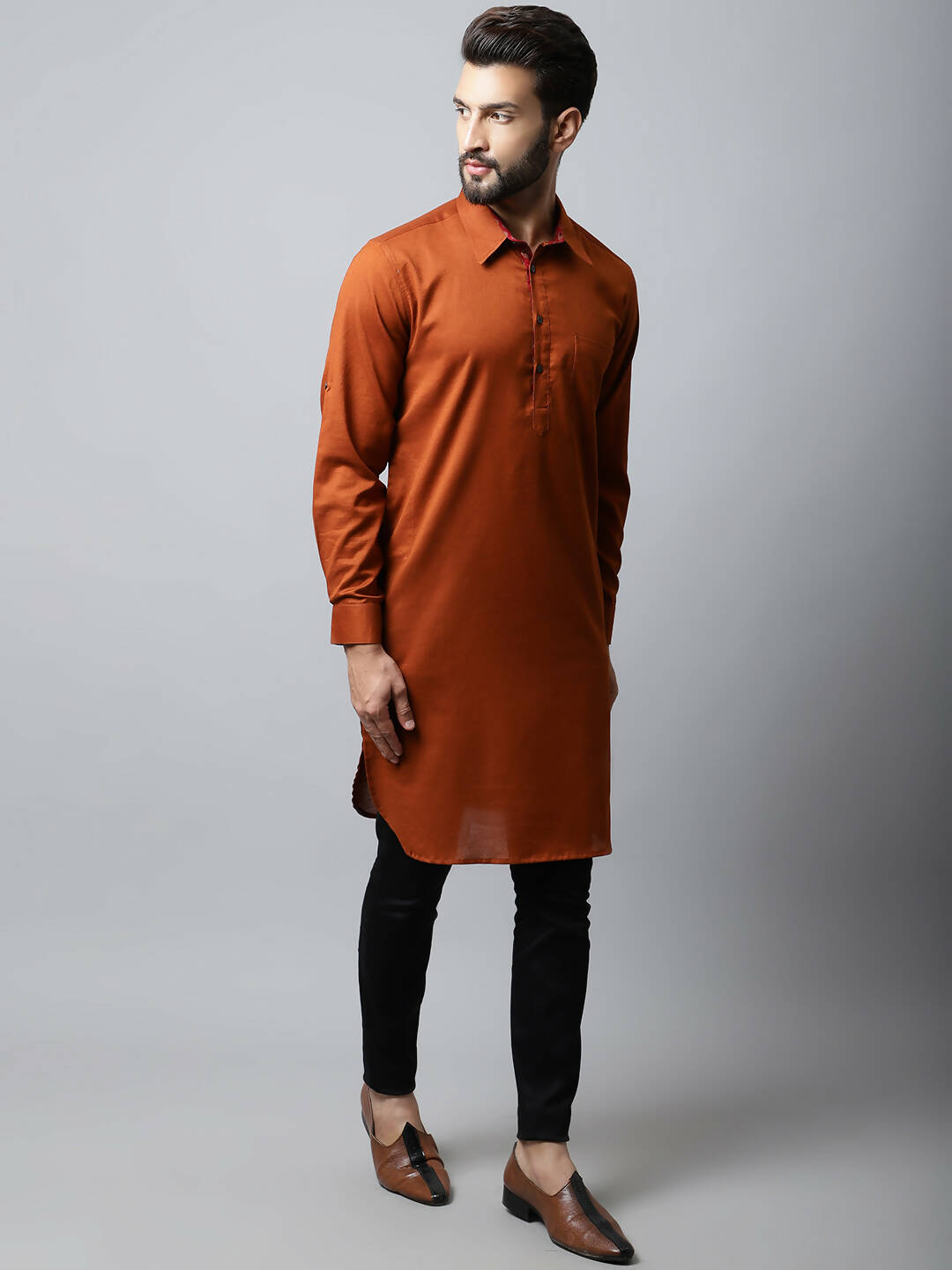 Even Apparels Brown Color Pure Cotton Solid Men's Kurta With Shirt Collar (SLD1137) | Swadesiicart