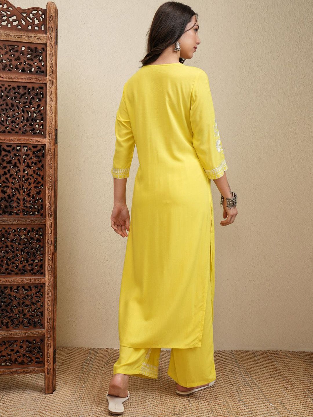 Vishudh Yellow Floral Embroidered Round Neck Thread Work Straight Kurta With Palazzos - Swadesiicart
