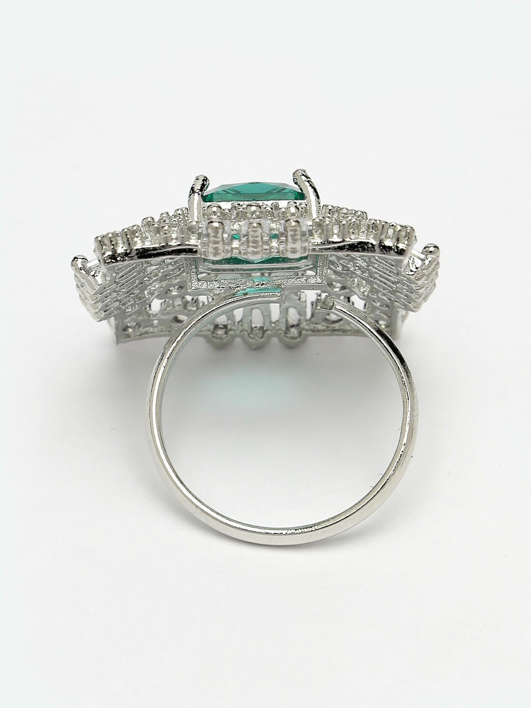 NVR Women's Green & Silver CZ-Studded Square-Shaped Adjustable Finger Ring | Swadesiicart