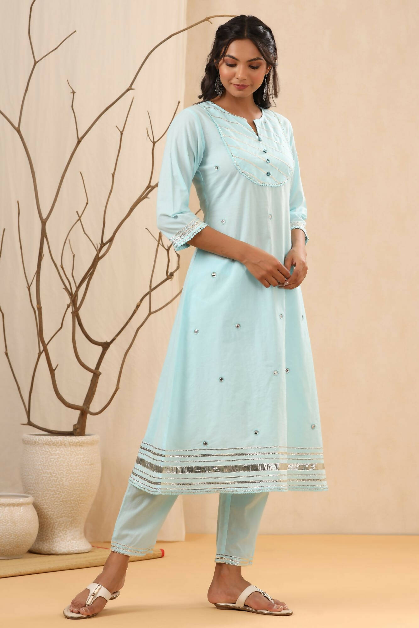 Juniper Women Skyblue Cambric Gotta Work Straight Kurta Sets - Swadesiicart