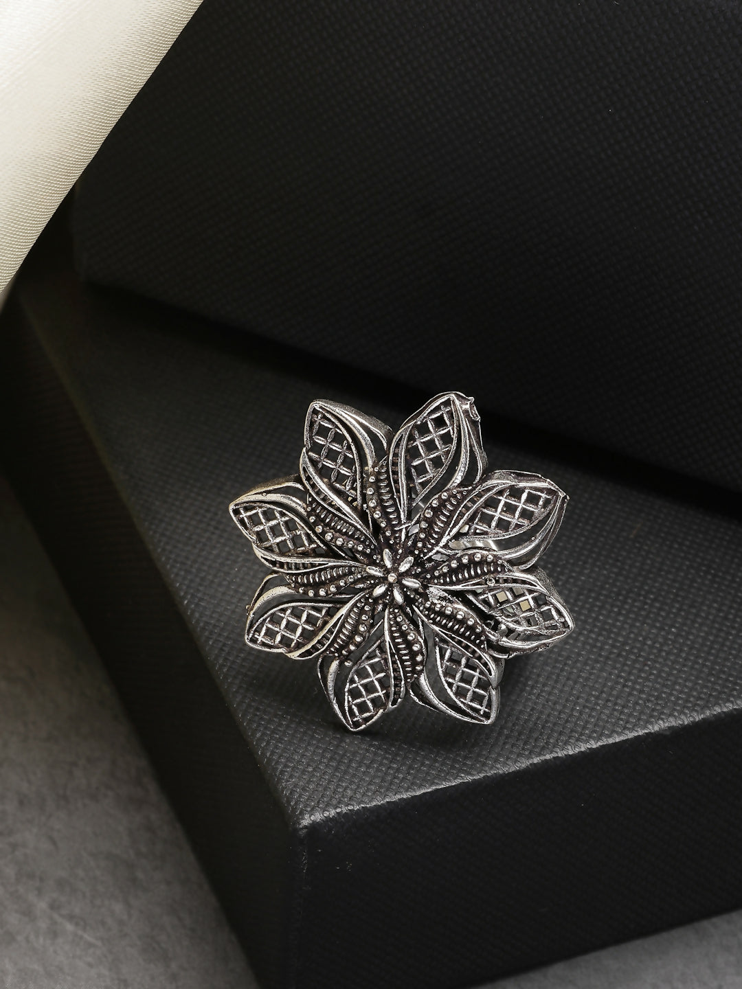 NVR Women's Silver-Toned Floral Shape Adjustable Finger Ring | Swadesiicart