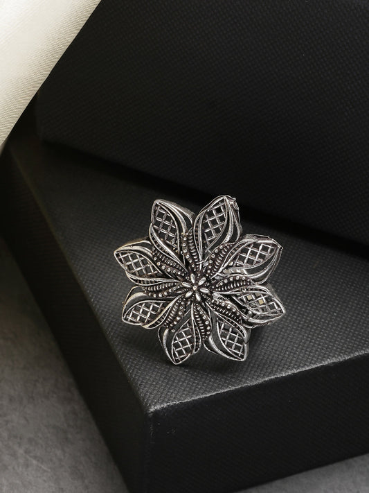 NVR Women's Silver-Toned Floral Shape Adjustable Finger Ring | Swadesiicart