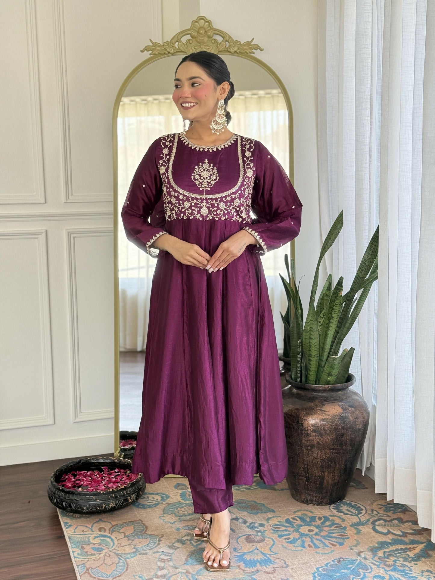 The52 Purple Women's Gorgeous Embroidered Vichitra Silk Fabric Flared Kurta Pant with Dupatta Set - Swadesiicart