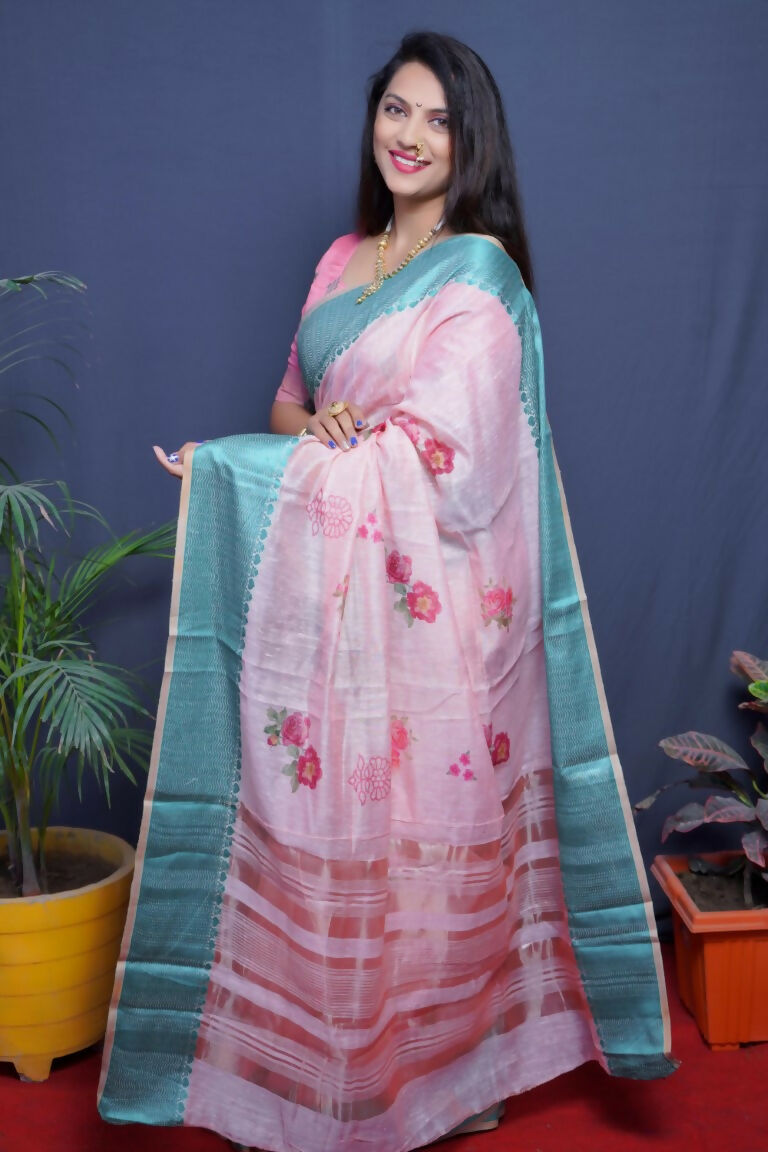 Jyoti Fashion Women's Teal Linen Silk Digital Print with Jacquard Woven Border Saree with Blouse | Swadesiicart