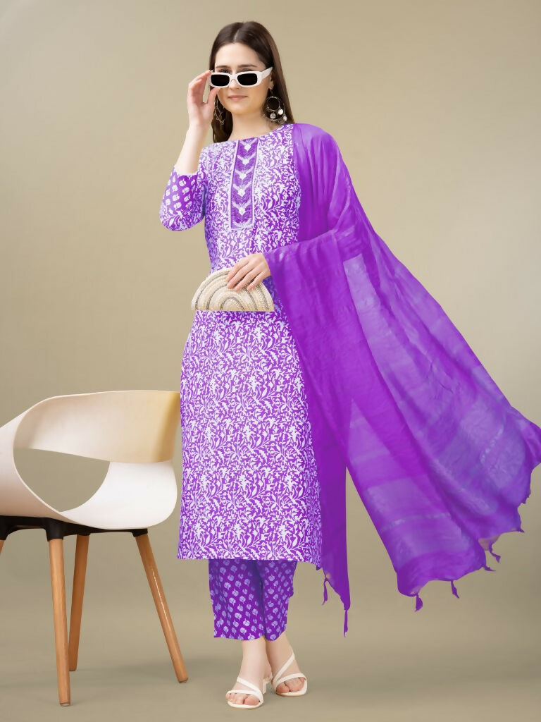 Jyoti Fashion Women's Purple Rayon Embroidery & Sequence work Kurta with Trouser & Dupatta | Swadesiicart