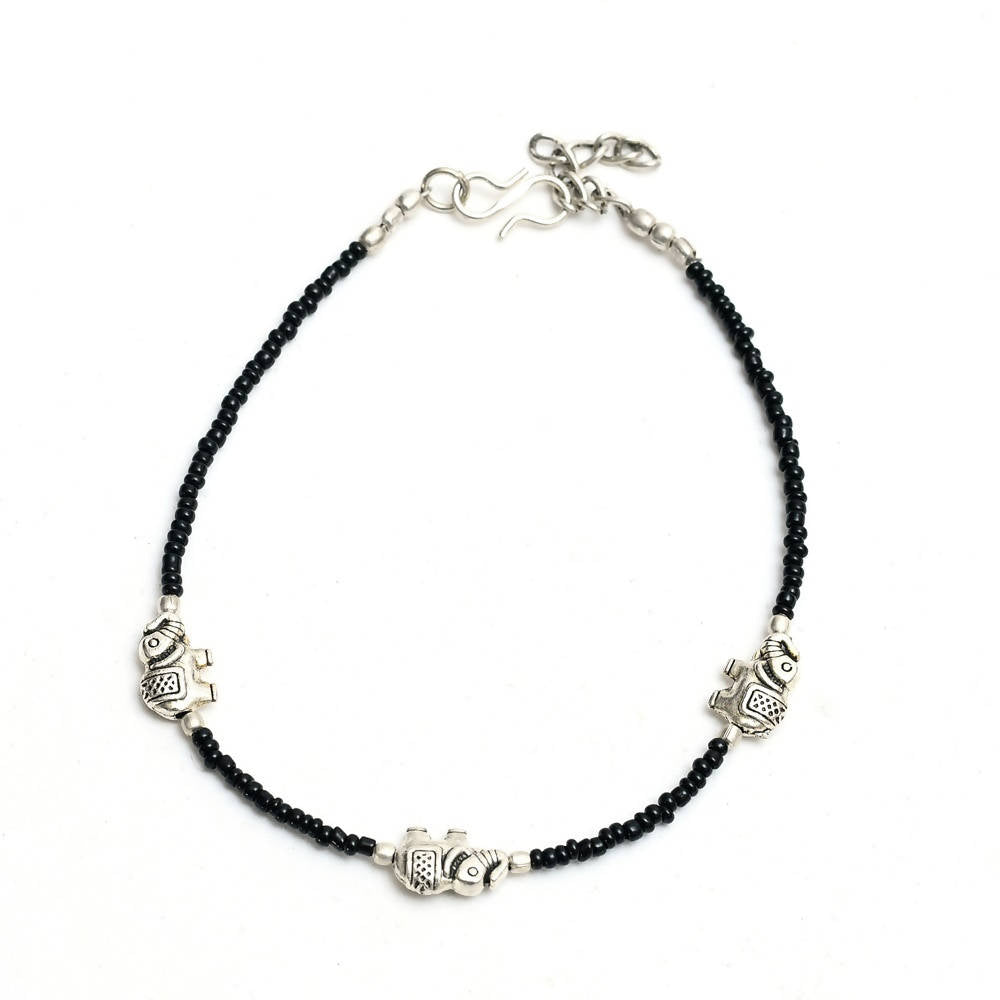 Mominos Fashion Kamal Johar Oxidised Elephant Design Silver/Black Anklets | Swadesiicart