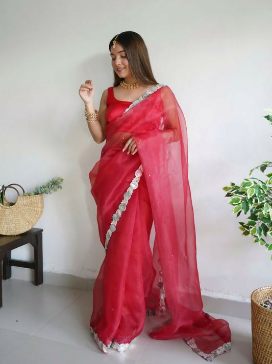 Vamsee Vanshika Red Organza Saree - Swadesiicart