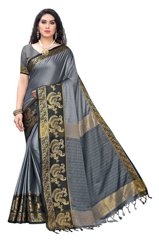 Vamika Banarasi Jacquard Weaving Grey Saree (DHONI GREY) | Swadesiicart