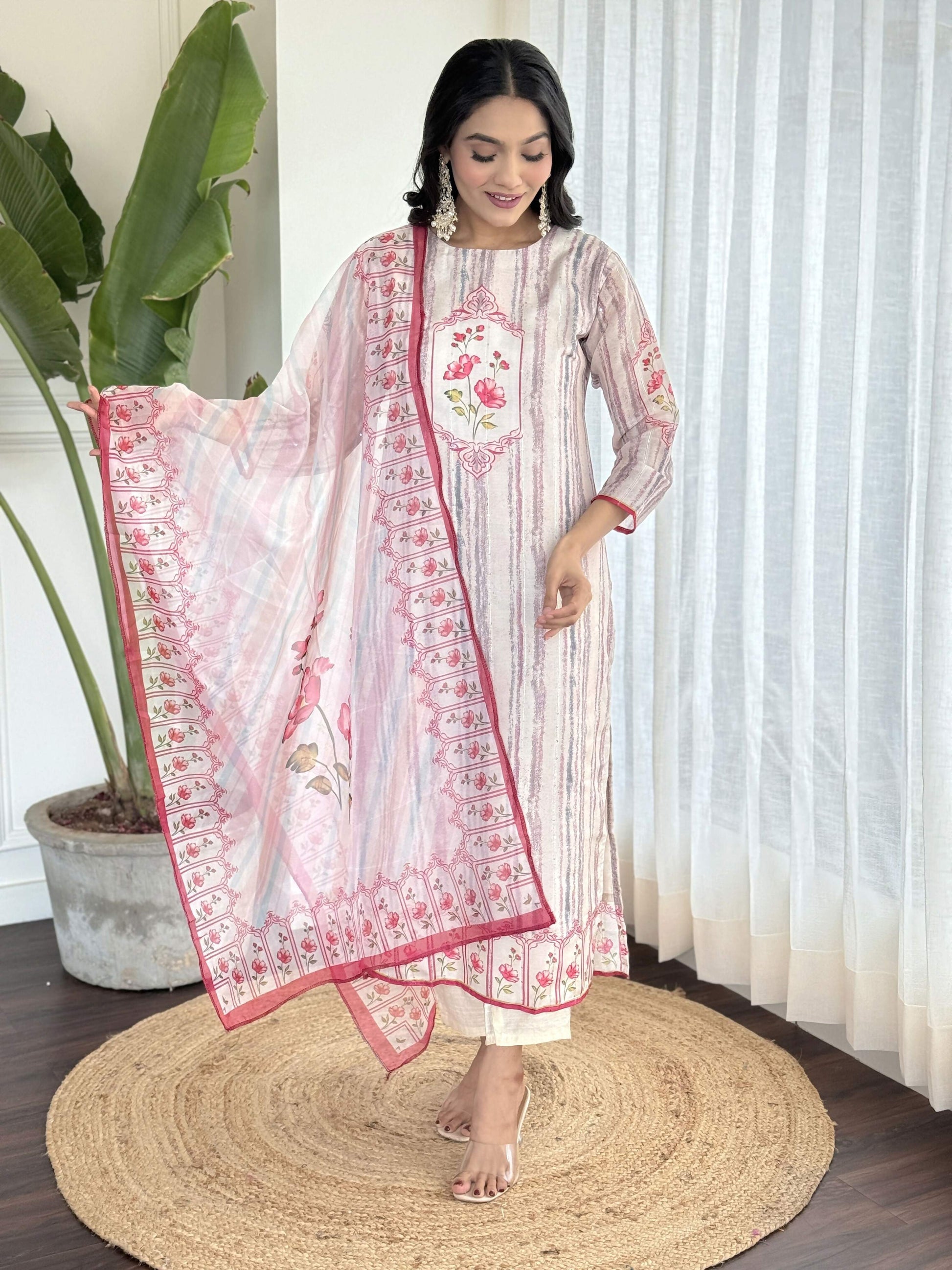 White Multi Viscose Chanderi Stitched Suit With Dupatta - Tanisha | Swadesiicart
