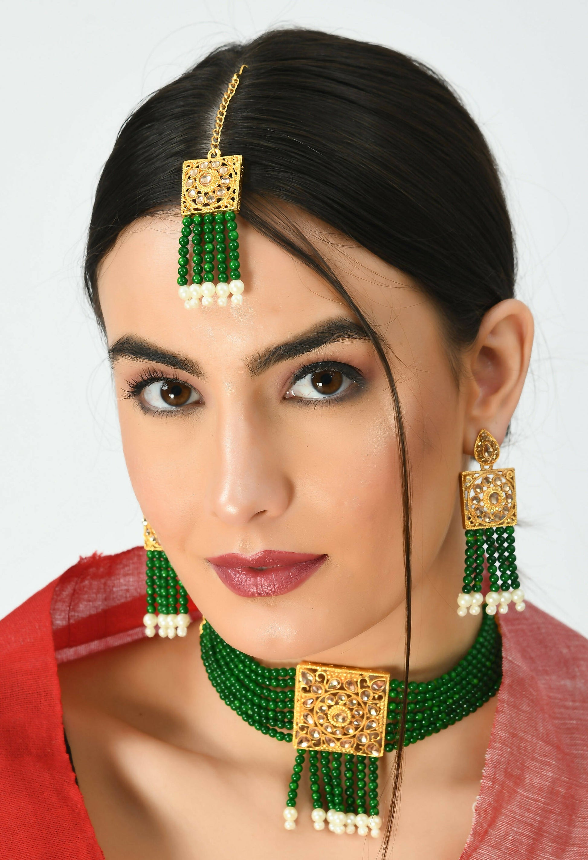 Mominos Fashion Johar Kamal Gold-Polished Kundan & Pearls Necklace Green/Golden Color Choker Set | Swadesiicart