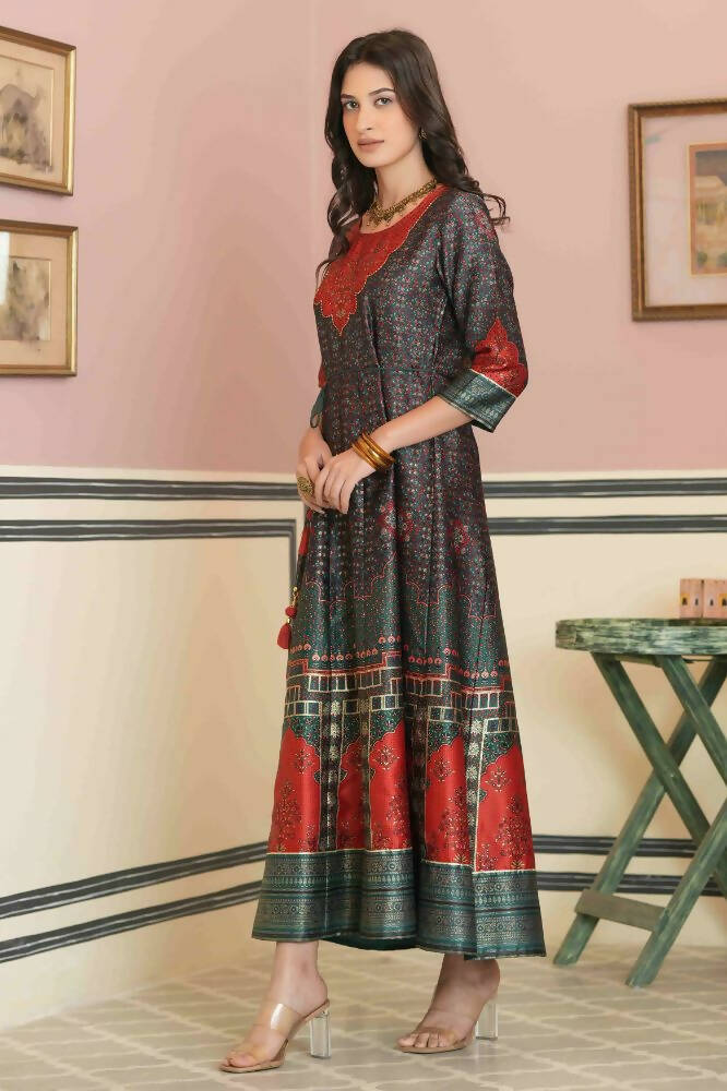 Juniper Green Satin Festive Printed Anarkali Flared Anarkali Kurta For Women | Swadesiicart