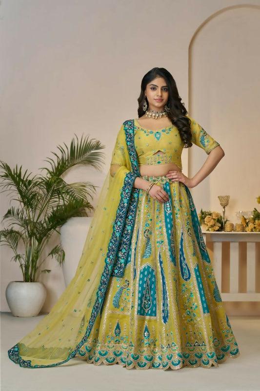 Kesar Fab Yellow Banarasi Silk Embroidered Lehenga | Swadesiicart