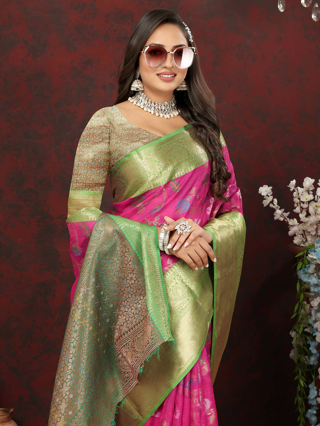 Lorenvalley Fashion Pink Cotton Woven Design Zari Meenakari Weaving Saree - Swadesiicart
