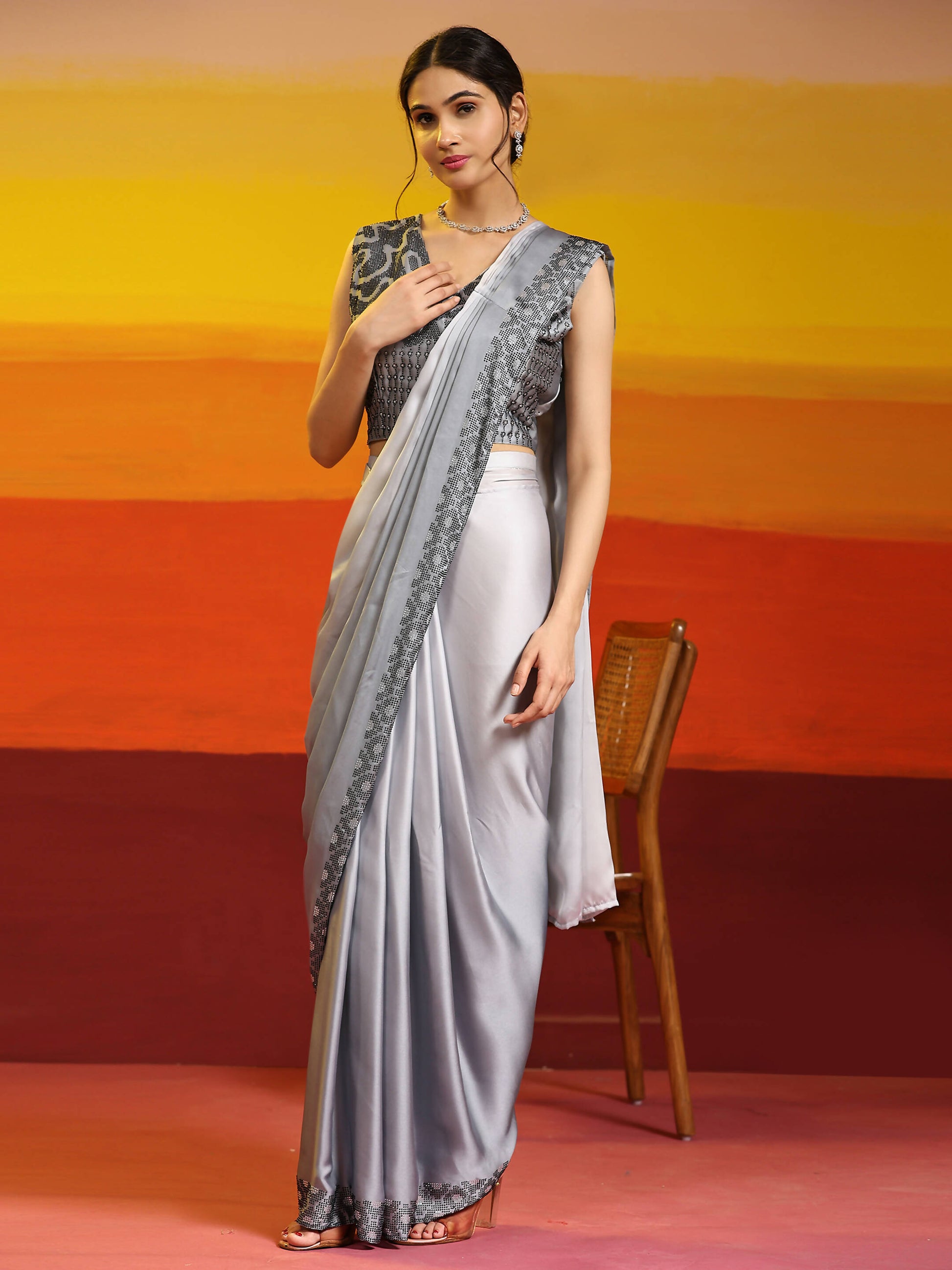 Grey Ombre Satin Georgette Plain Ready to wear Saree with stitched Blouse - Vrinda | Swadesiicart