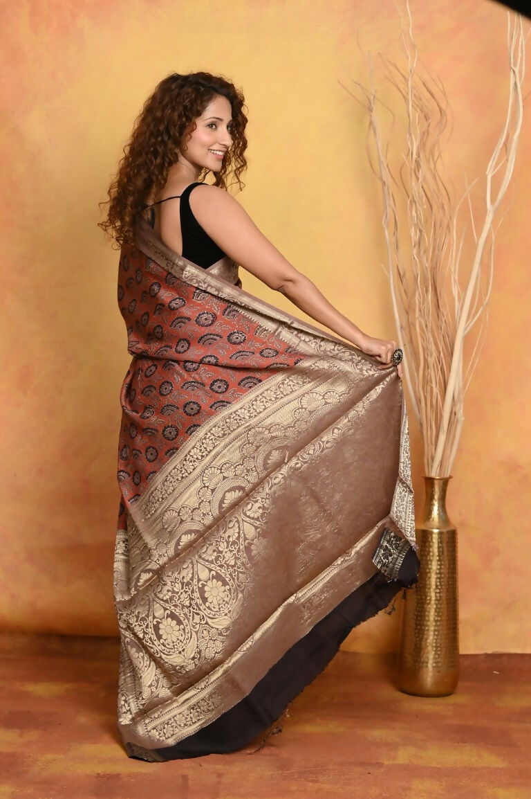 Very Much Indian Modal Silk Ajrakh Handblock Printed Natural Dyes With Designer Border Saree - Red | Swadesiicart