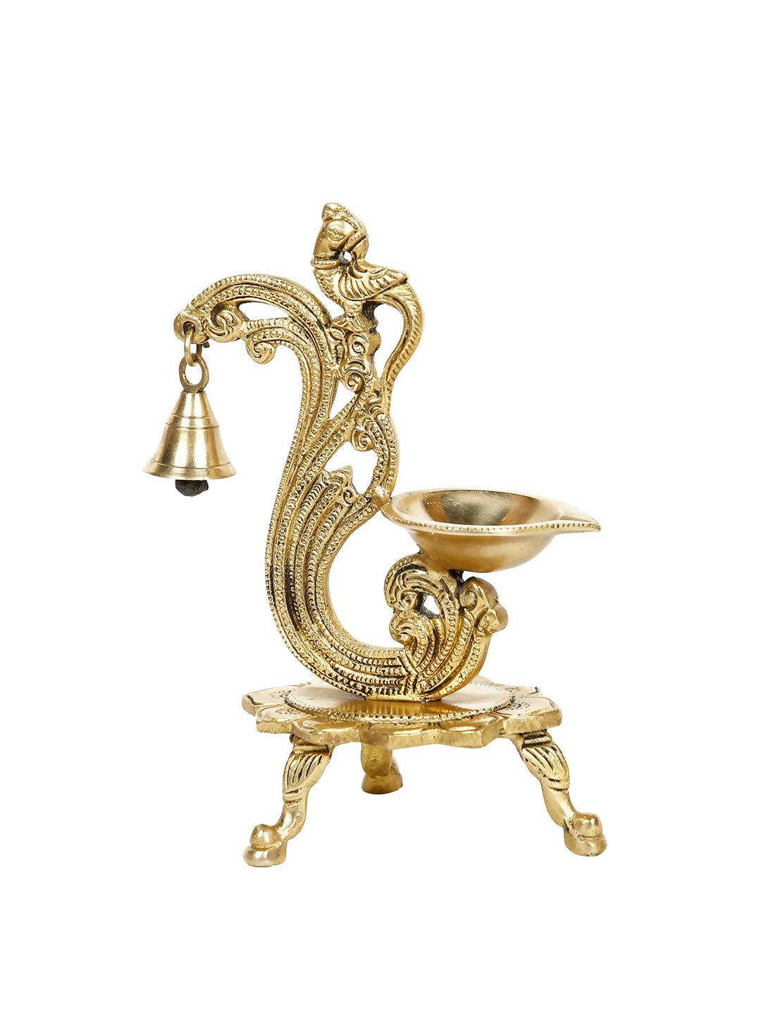 CraftVatika Gold-Toned Brass Handmade Decorative Peacock Design Diya with Bell & Stand | Swadesiicart