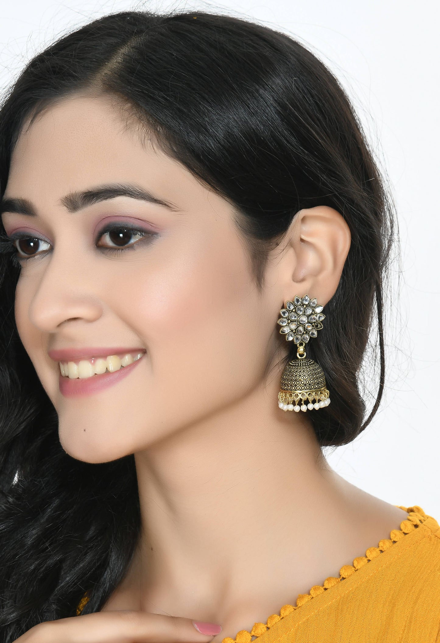Mominos Fashion Johar Kamal Beautiful Kundan Work Jhumka With White Beads - Swadesiicart