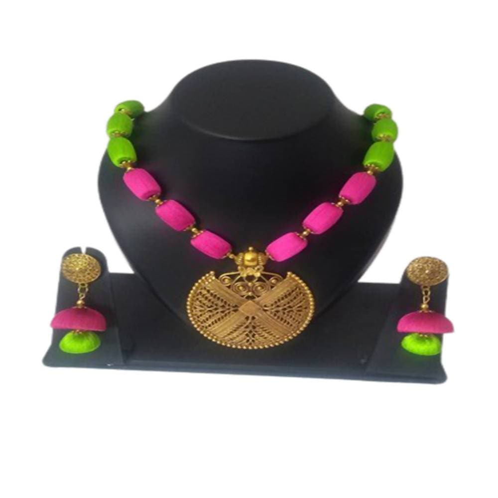 Kundan HandiKrafts Pink And Green Silk Thread Necklace | Swadesiicart