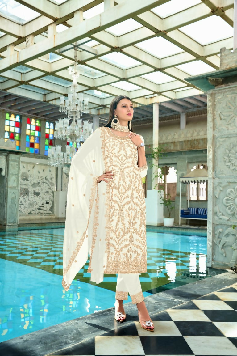Jyoti Fashion Women's White Faux Georgette Heavy Embroidery and Moti Work Kurta Set | Swadesiicart
