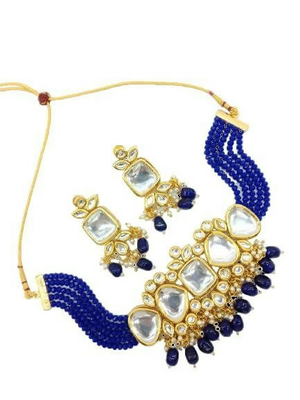 Gold-Polished Meenakari Kundan Studded Bridal Blue Choker Necklace & Drop Earrings Jewellery Set By House of Ree - House of Ree