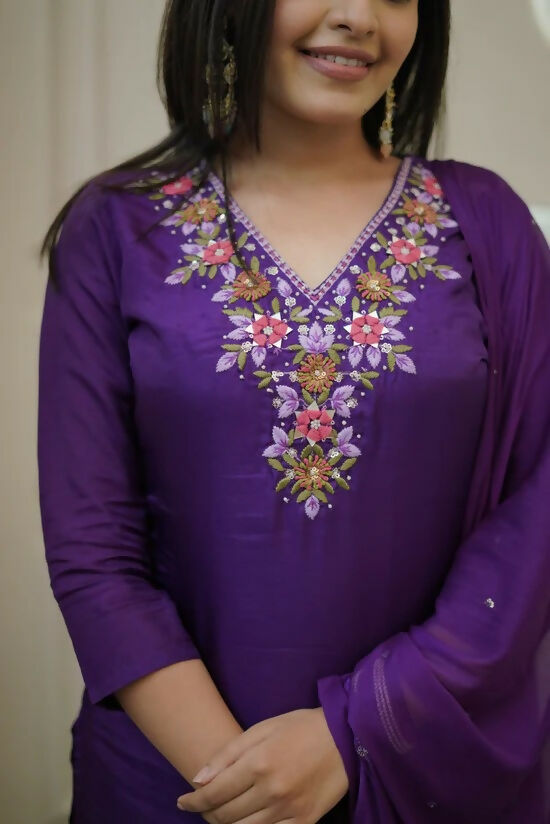 The52 Purple Women's Gorgeous Vichitra Fabric Embroidered Work Straight Kurta Pant and Dupatta Set - Swadesiicart