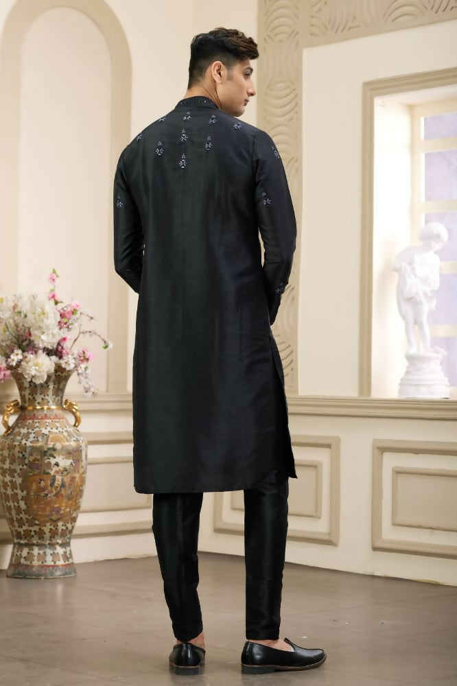 Raivat Ethnic Banarasi Art Silk Thread and Mirror Work Kurta Pajama In Black Colour | Swadesiicart