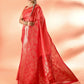 Joban Fashion Peach & Red Plain With Weaving Border Banarasi Silk Sarees | Swadesiicart