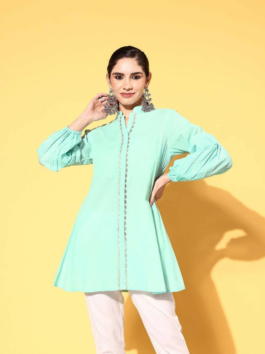 Ahalyaa Women Mint Green Pure Cotton Silver Print Tunic | Swadesiicart