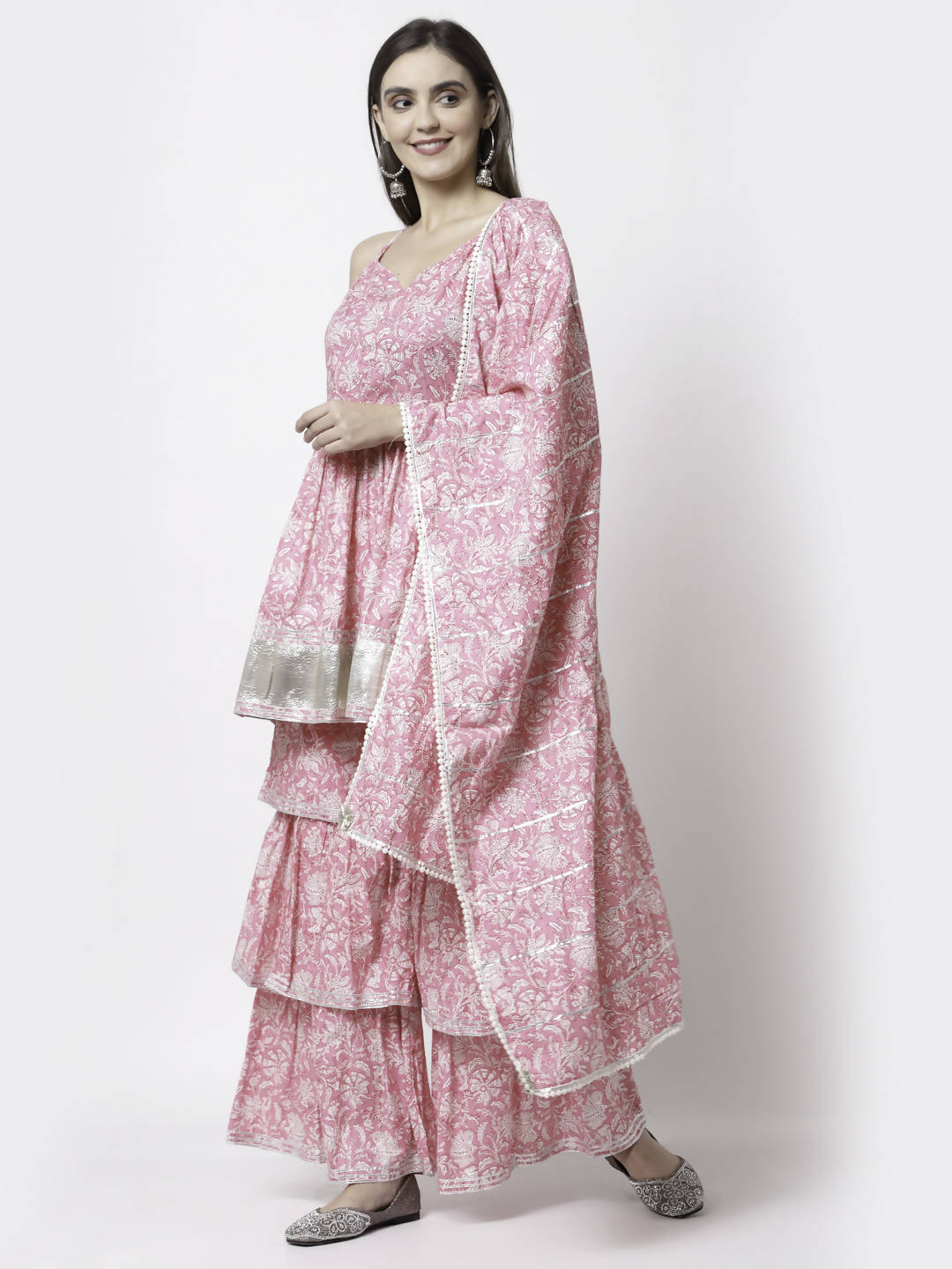 Myshka Women Pink Pure Cotton Printed Sleeveless Round Neck Kurta With Sharara & Dupatta Set | Swadesiicart