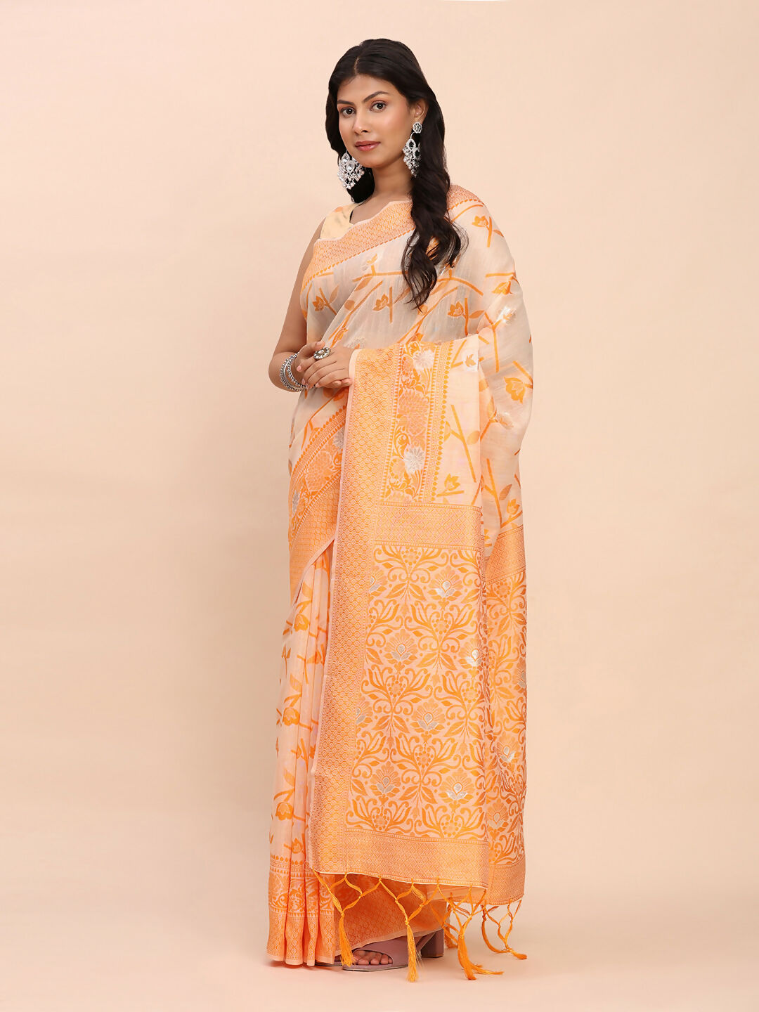 Shree Shyam Fashion Linen Cotton Orange Saree