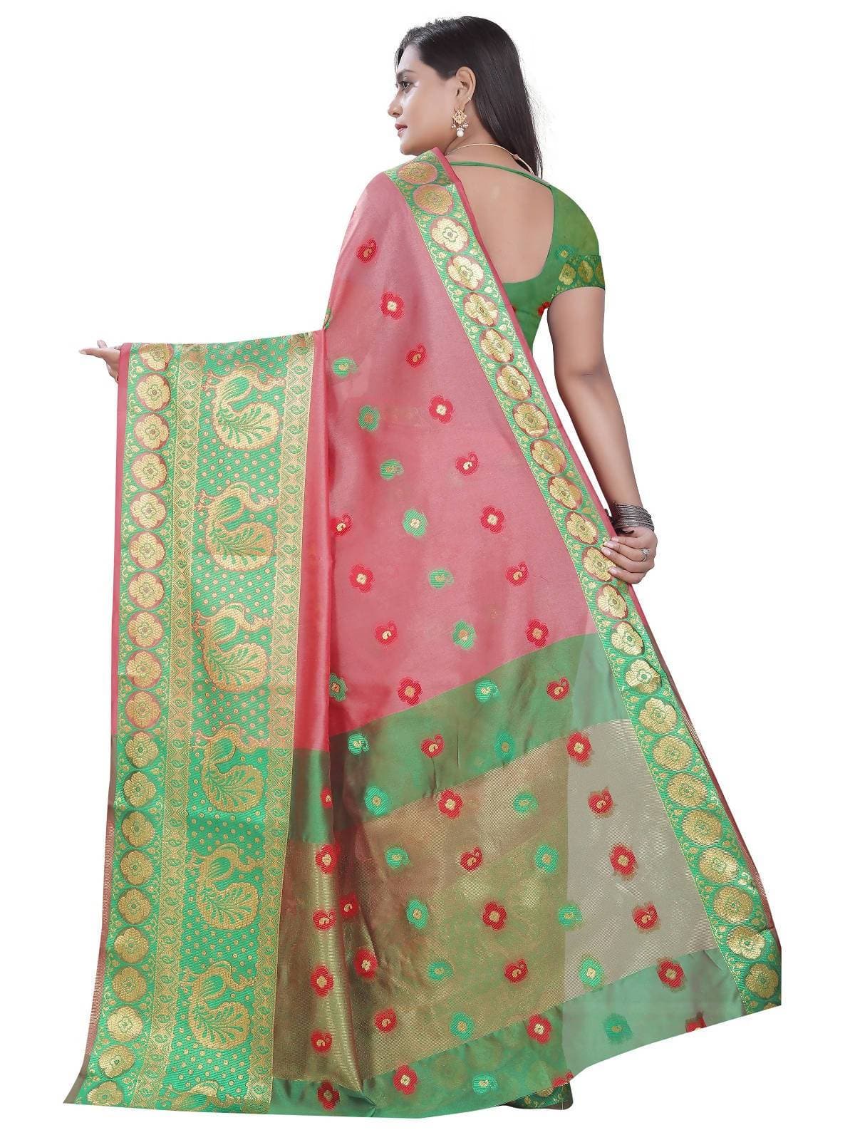 Vamika Banarasi Cotton Silk Peach Weaving Saree | Swadesiicart