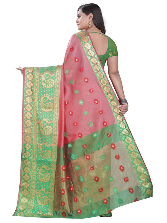 Vamika Banarasi Cotton Silk Peach Weaving Saree | Swadesiicart