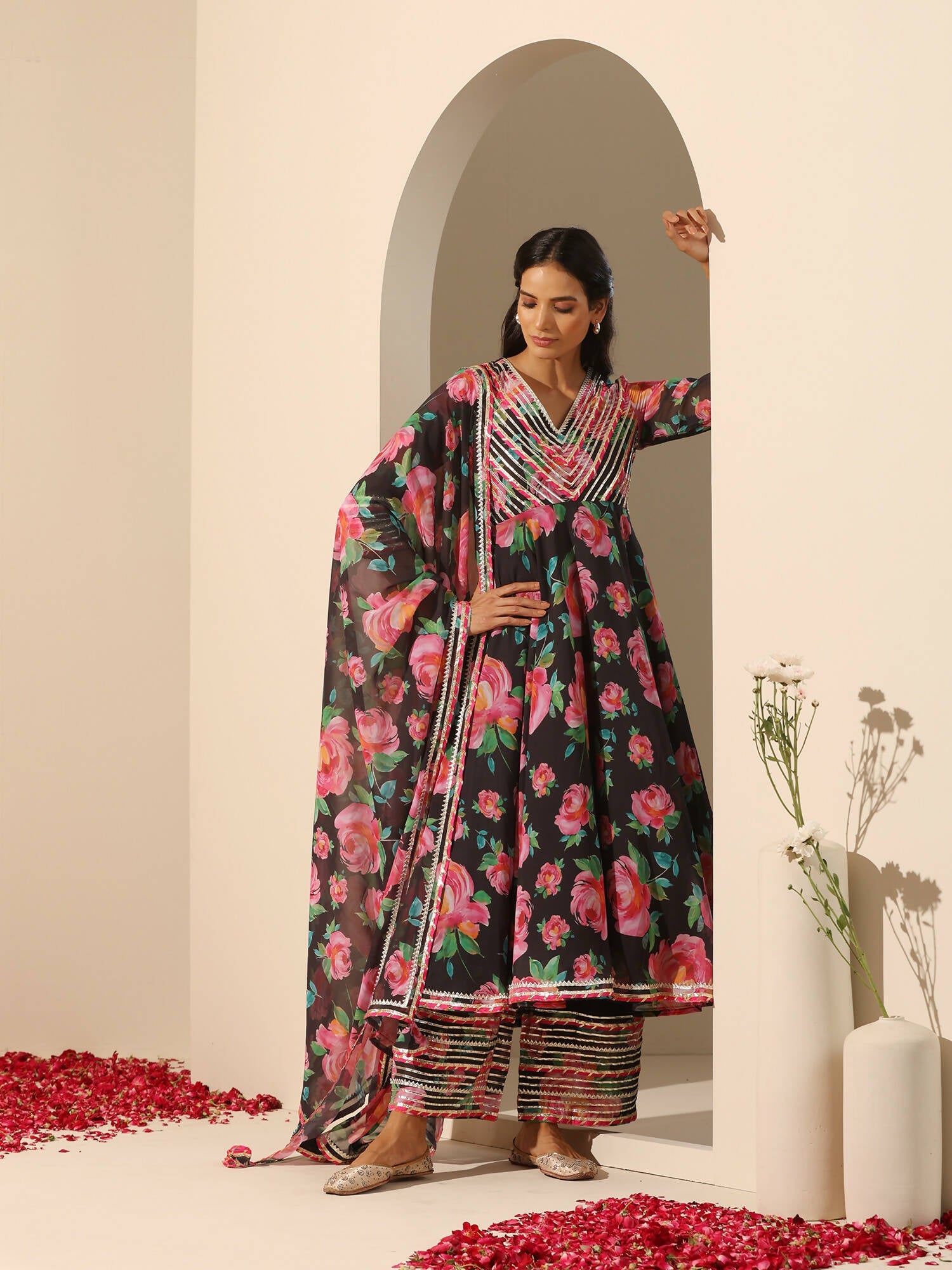 Pomcha Jaipur Black Gul Gulab Anarkali Set | Swadesiicart