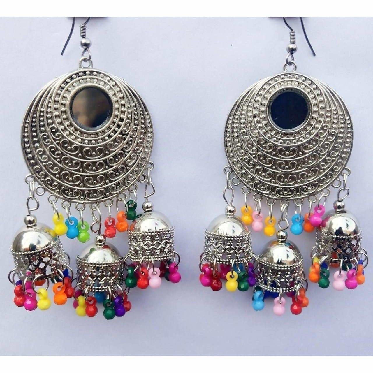 MS Fashion India Stylish Fancy Silver Oxidized Chandbali Jhumka Multi Color Pearls Earrings | Swadesiicart