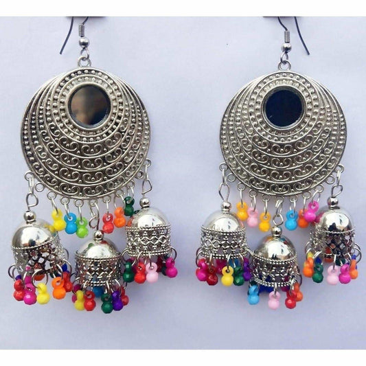 MS Fashion India Stylish Fancy Silver Oxidized Chandbali Jhumka Multi Color Pearls Earrings | Swadesiicart