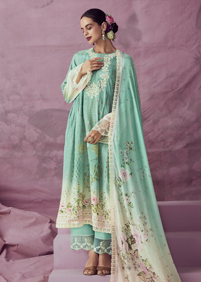 Aqua Green Muslin Cotton Printed Trendy Salwar Kurta Set - Emponline | Swadesiicart