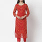 Myshka Women Red Georgette Printed 3/4 Sleeve Round Neck Kurta Pant Dupatta Set