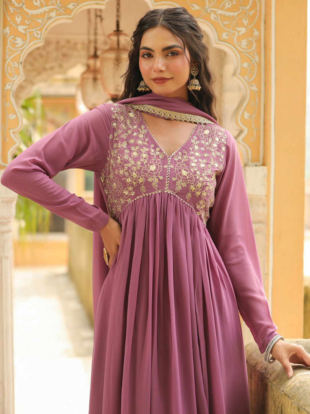 Janasya Lavender Georgette Yoke Embroidery Kurta,Bottom & Dupatta | Swadesiicart